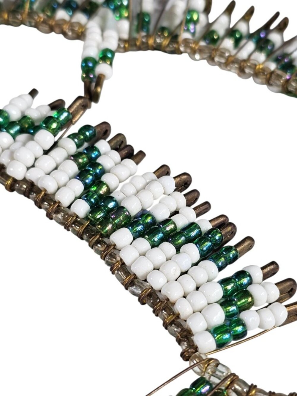 Safety Pin Beaded Necklace 22.5” White Green Glass Beads Statement Boho Tribal - Picture 7 of 10